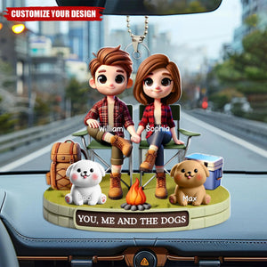 Camping Couple And Dogs Cats Personalized Acrylic Car Ornament