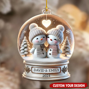 Snow Globe Snowman Couple White - Personalized Couple Ornament