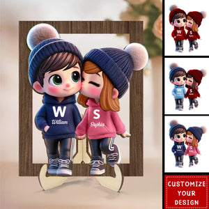 Cute Cartoon Couple Walking Personalized 2-Layered Wooden Plaque