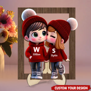 Cute Cartoon Couple Walking Personalized 2-Layered Wooden Plaque