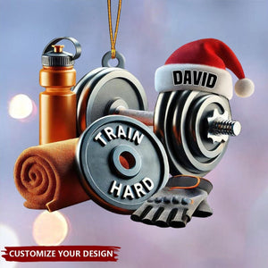 Custom Fitness Ornament With Weights And Santa Hat - Personalized Ornament