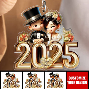 Happy Newlywed Cartoon Couple Personalized Keychain