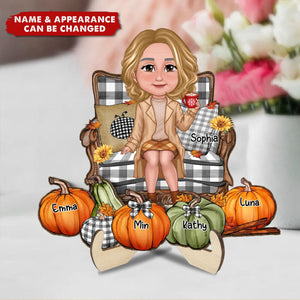 Grandma Sitting On Chair Pumpkins Personalized 2-Layer Wooden Plaque, Fall Season Decor