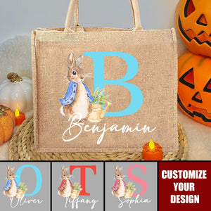 Rabbit Bunny - Personalized Jute Tote Bag, Easter Egg Hunt Basket Gift For Kids