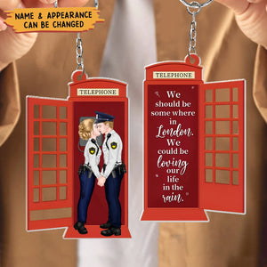 We Could Be Loving Our Life In The Rain, Personalized Kissing Couple At Telephone Booth Keychain, Gift For Couple, Valentine's Gifts