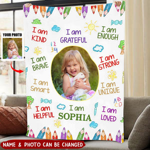 Kid Affirmations I Am Kind Smart Loved - Personalized Blanket