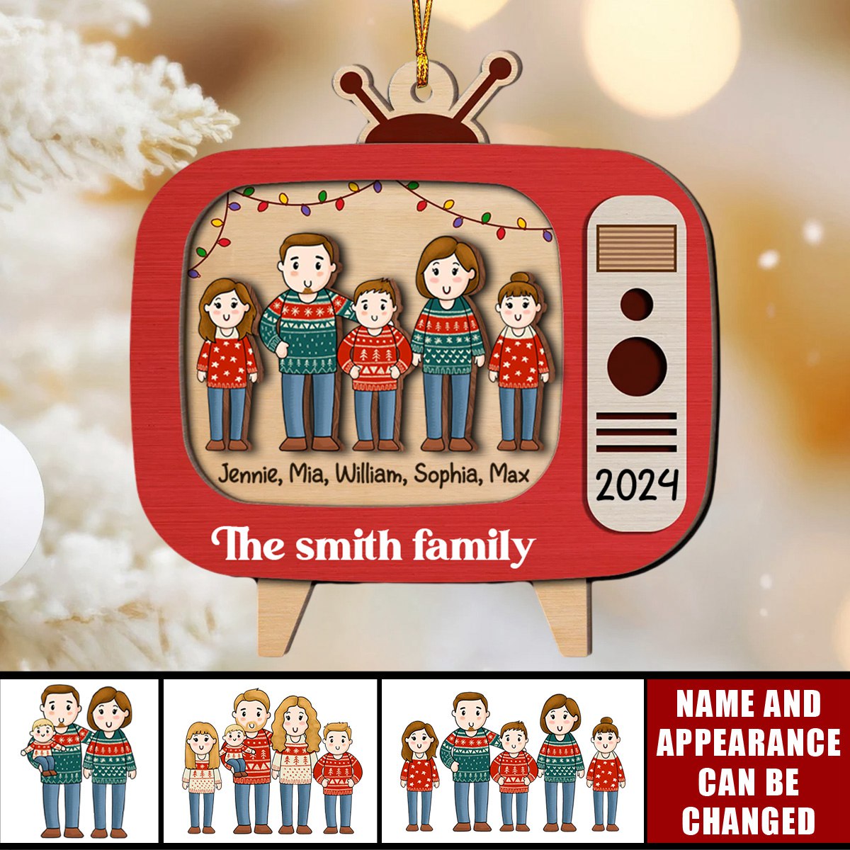 Comic Family In Christmas Red Retro Televison Personalized 2-Layer Wooden Ornament