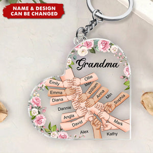 Grandma Holding Hand With Grandkids Names - Personalized Keychain