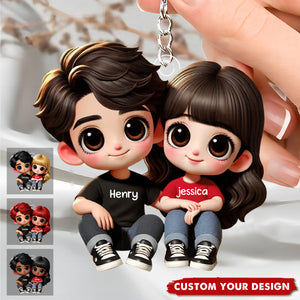 Lovely Cartoon Couple Sitting Personalized Acrylic Keychain