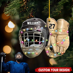 Hockey Helmet and Gloves - Personalized Acrylic Christmas Ornament, Gift for Hockey Players and Fans