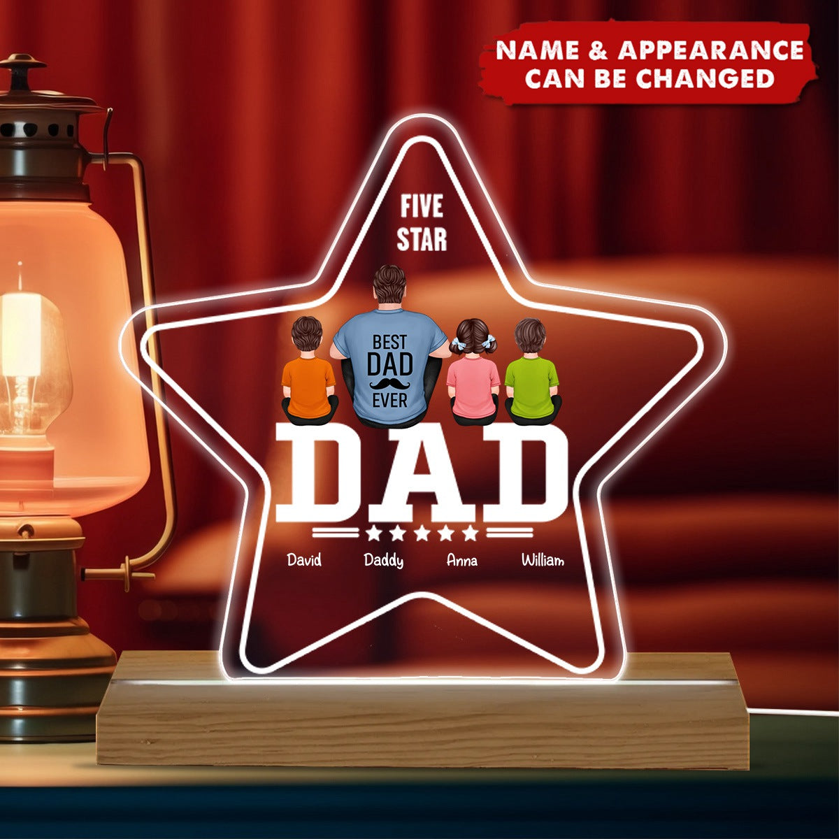 Five - Star Dad Back View Dad And Kids Personalized Acrylic Custom Shape LED Night Light