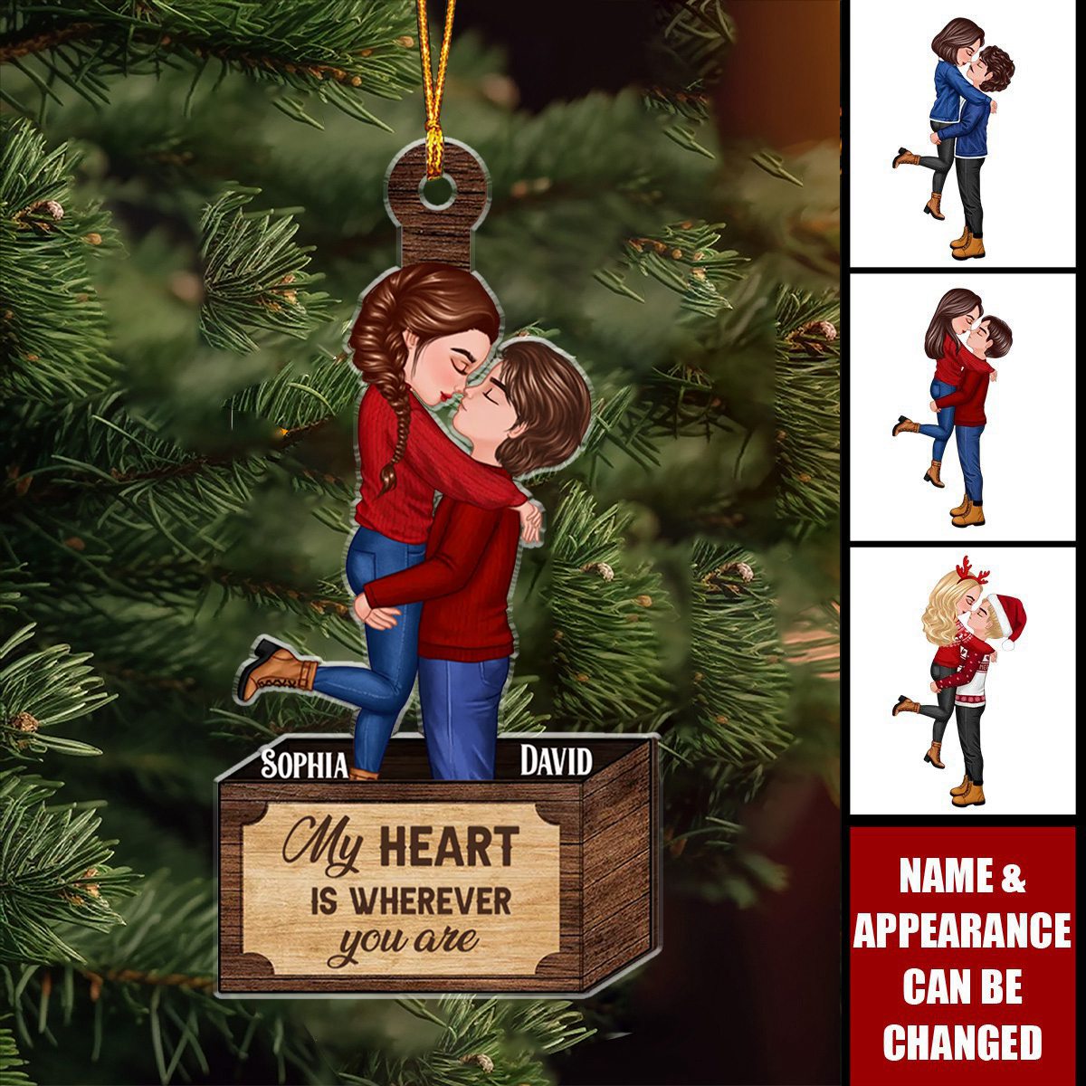 Christmas Couple Hugging Kissing In Box - Personalized Acrylic Ornament