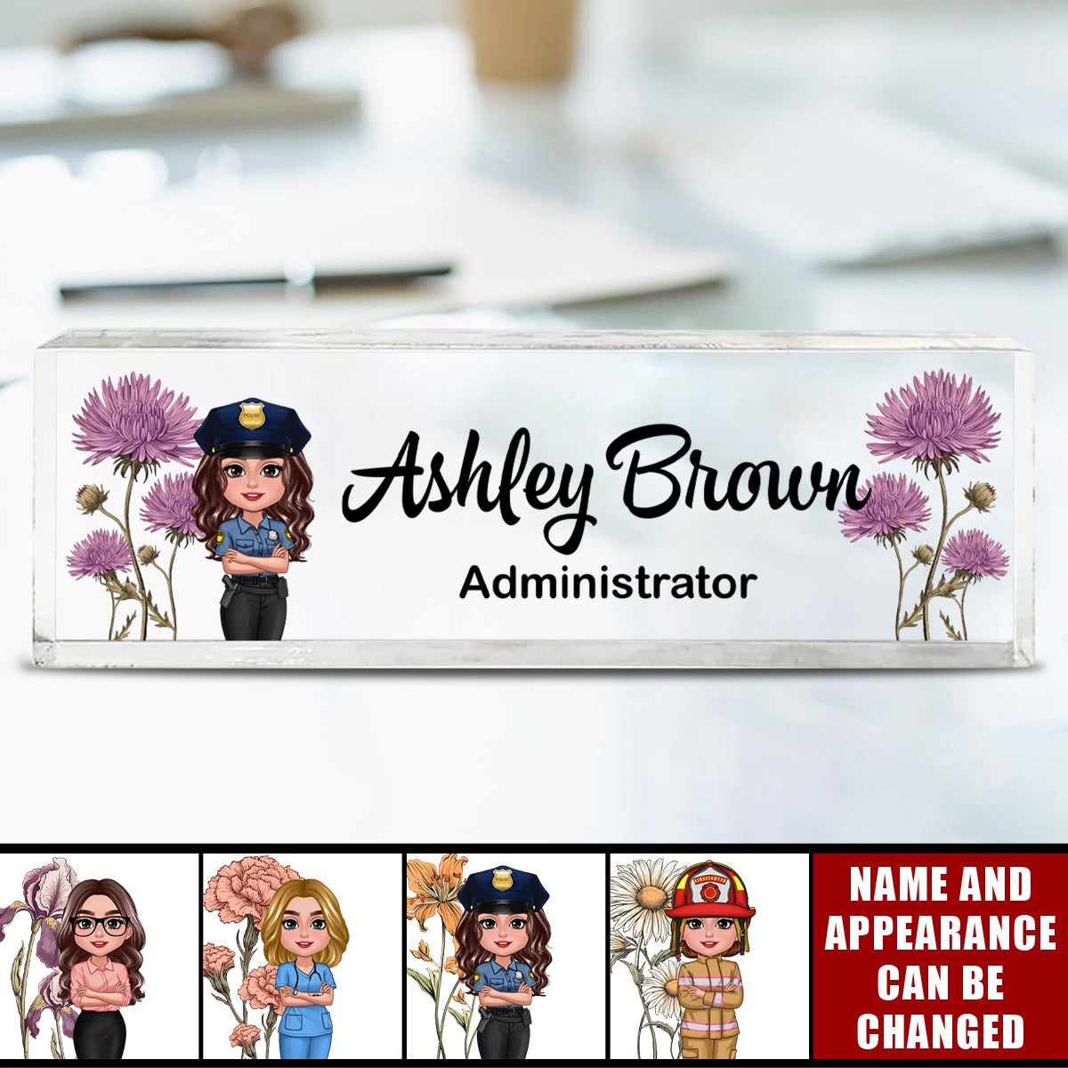 Birth Month Flowers Woman Personalized Acrylic Desk Name Plate, Office Decor, Christmas Gift