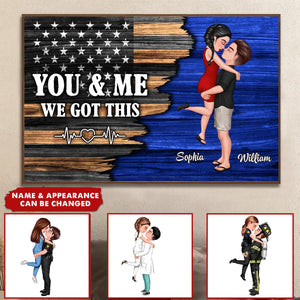 Hero Couple Half Flag Gifts by Occupation Gift For Her Gift For Him Firefighter, Nurse, Police Officer Personalized Horizontal Poster