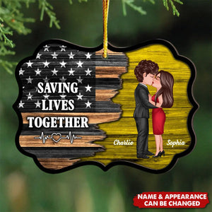 Hero Couple Kissing Half Flag Christmas Decor Gift Personalized 2-Layer Wooden Ornament