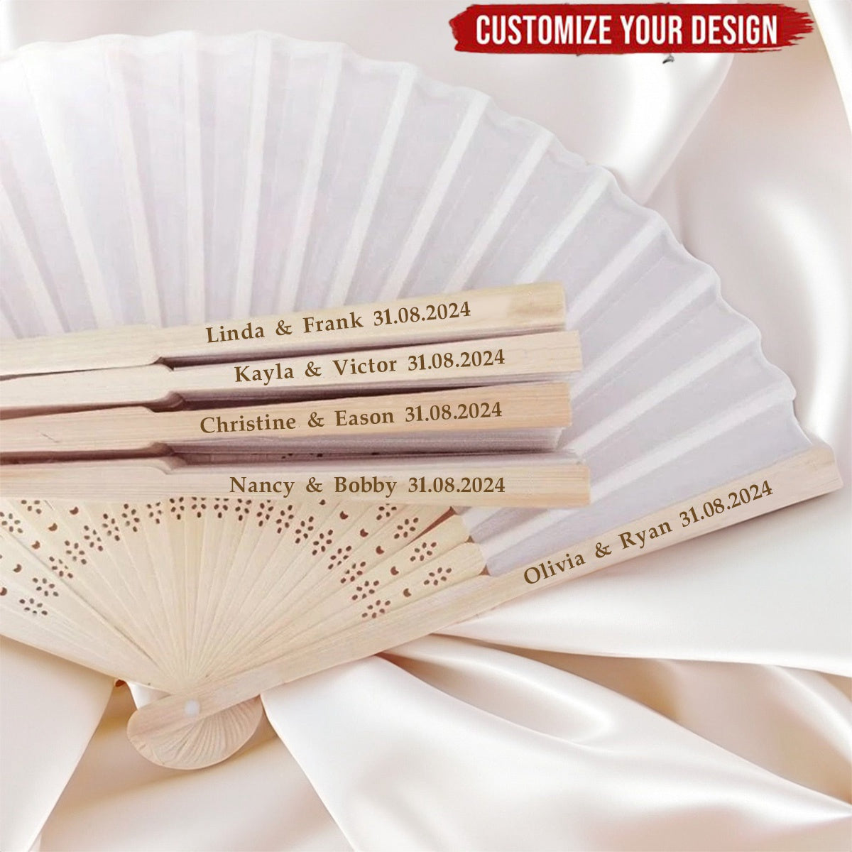 Silk White Engraved Personalised Silk Wedding Fans