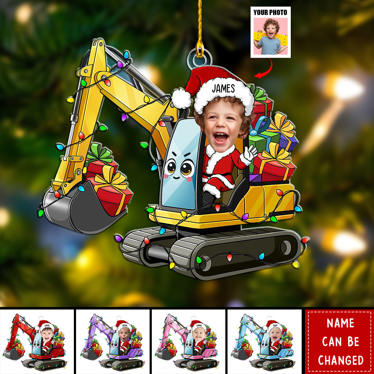 Custom Kid Face Cartoon Excavator - Personalized Acrylic Photo Ornament