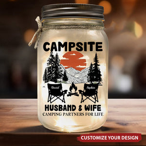 Husband & Wife Camping Partners For Life - Personalized Mason Jar Light