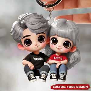 Lovely Cartoon Couple Sitting Personalized Acrylic Keychain