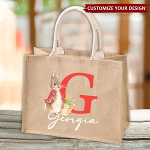 Rabbit Bunny - Personalized Jute Tote Bag, Easter Egg Hunt Basket Gift For Kids