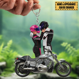 Biker Couple Kissing Personalized Keychain, Sport Biker Couple Gift