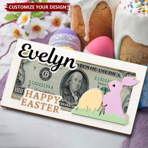 Cute Pink Blue Easter Bunny - Personalized Wooden Money Holder, Easter Gift for Kids Adults