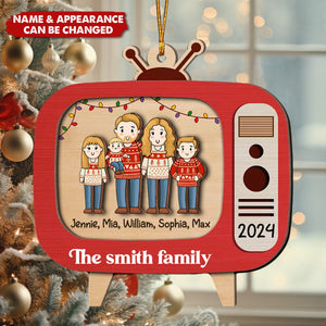 Comic Family In Christmas Red Retro Televison Personalized 2-Layer Wooden Ornament