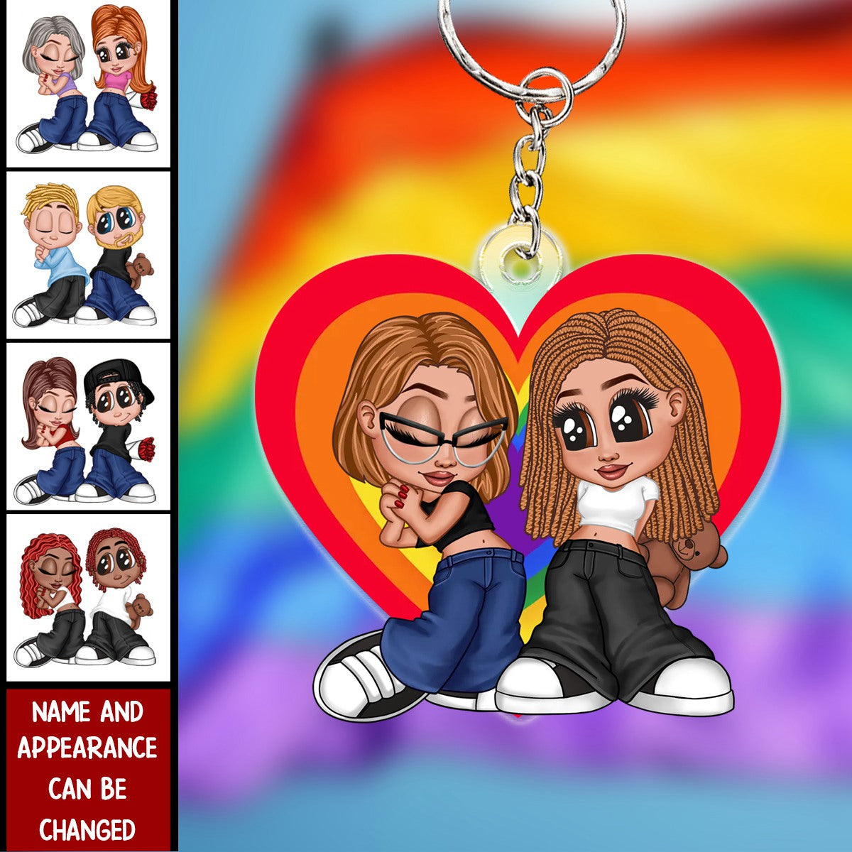 LGBT Y2K Couple Heart Personalized Acrylic Keychain, Pride Month Gift For Couple, For Him, For Her