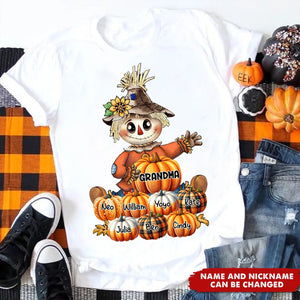 Fall Season Scarecrow Grandma- Mom With Little Pumpkin Kids Personalized T-shirt