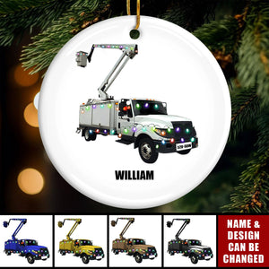 Lineman Bucket Truck - Personalized Ceramic Ornament - Christmas Gift for Lineman