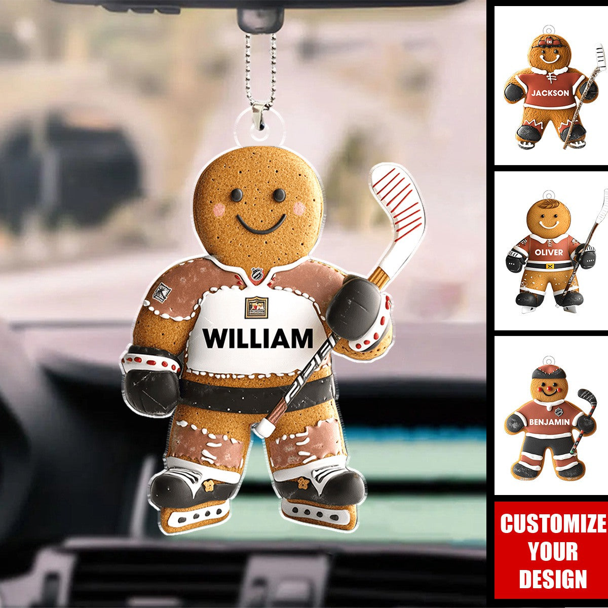 Hockey Gingerbread - Personalized Acrylic Car Ornament, Gift For Hockey Lovers, Kids