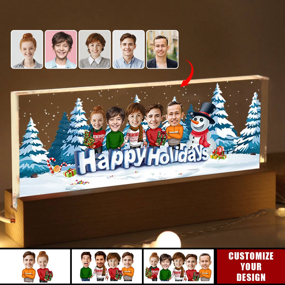 Happy Holiday Funny Family - Personalized Family Photo Acrylic Block LED Night Light