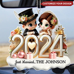 Just Married Pretty Couple - Personalized Acrylic Car Ornament, Gift For Newlywed Couple