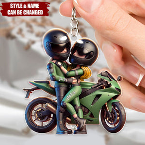 Motorcycle Pretty Cartoon Couple Personalized Acrylic Keychain, Anniversary Birthday Gift For Him, For Biker Couple