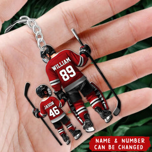 Dad And Son Ice Hockey Personalized Acrylic Keychain - Gift For Hockey Lover