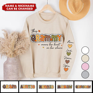 Fall Season This Grandma Wears Her Heart on Her Sleeve Personalized Sleeve Printed Sweatshirt