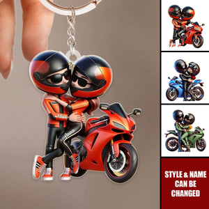 Motorcycle Pretty Cartoon Couple Personalized Acrylic Keychain, Anniversary Birthday Gift For Him, For Biker Couple