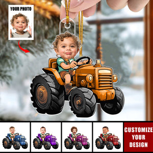 Custom Face Boy Loves Tractors - Personalized Photo Christmas Ornament