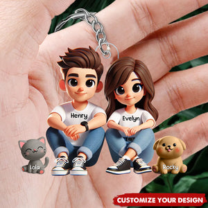 Cute Couple And Dogs Cats Sitting - Personalized Acrylic Keychain, Valentine's Day Gift