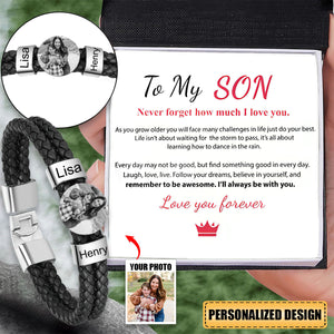 Personalized Photo Bracelet with 2 Names Leather Bracelet Beaded Wrap Bracelets