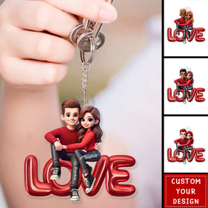 3D Effect Couple Sitting On LOVE Personalized Acrylic Keychain