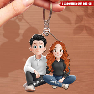 Couple Sitting Cartoon Style Personalized Keychain