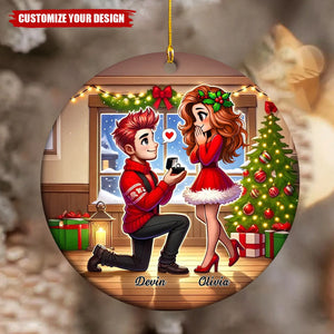 Cartoon Couple Marriage Proposal - Personalized Christmas Ceramic Ornament