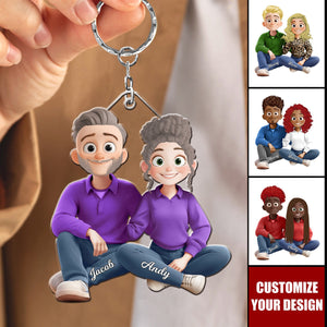 Couple Sitting Cartoon Style Personalized Keychain