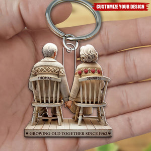 Old Couple Holding Hands Sitting Together - Personalized Acrylic Keychain, Gift For Couple