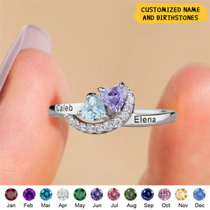 Personalized Promise Heart Cut Birthstone Ring, Two Name Engraved Ring