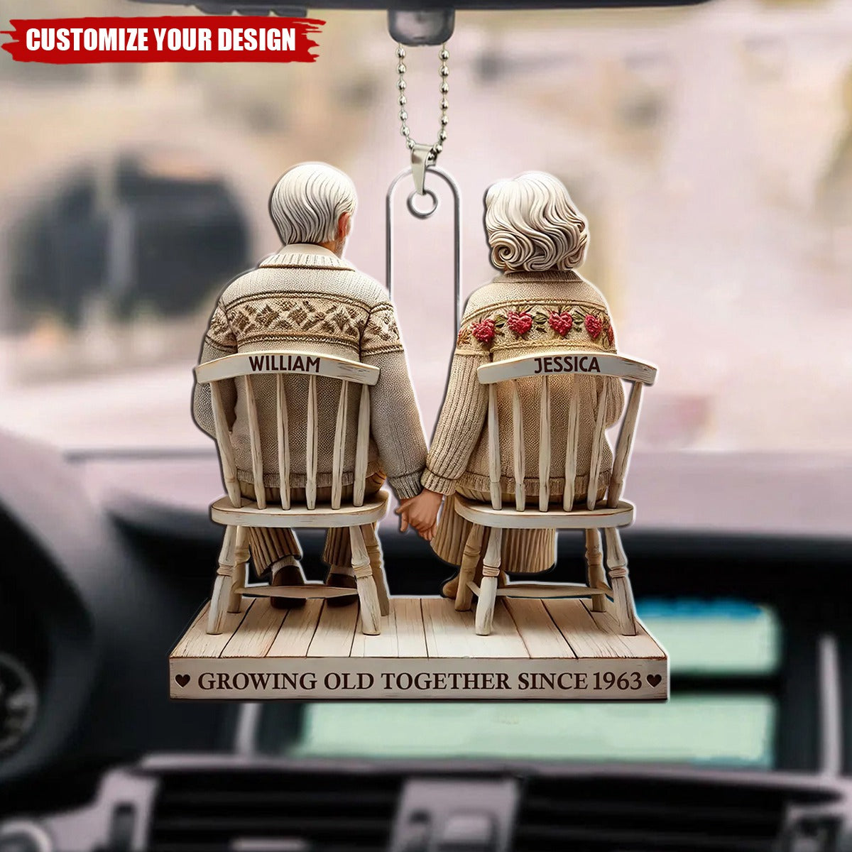 Old Couple Holding Hands Sitting Together - Personalized Acrylic Car Ornament, Gift For Couple