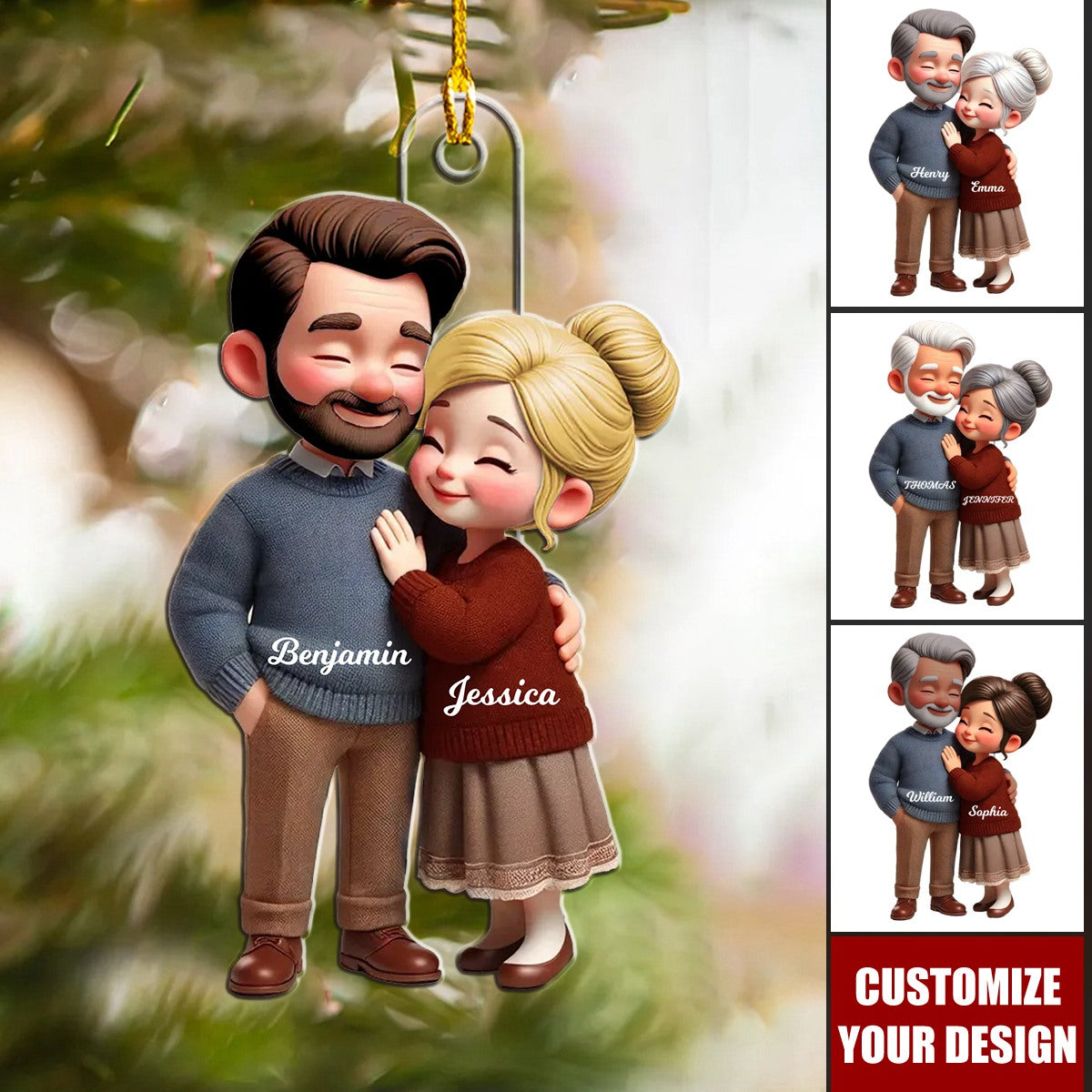 Old Couple Embracing - Personalized Acrylic Christmas Ornament