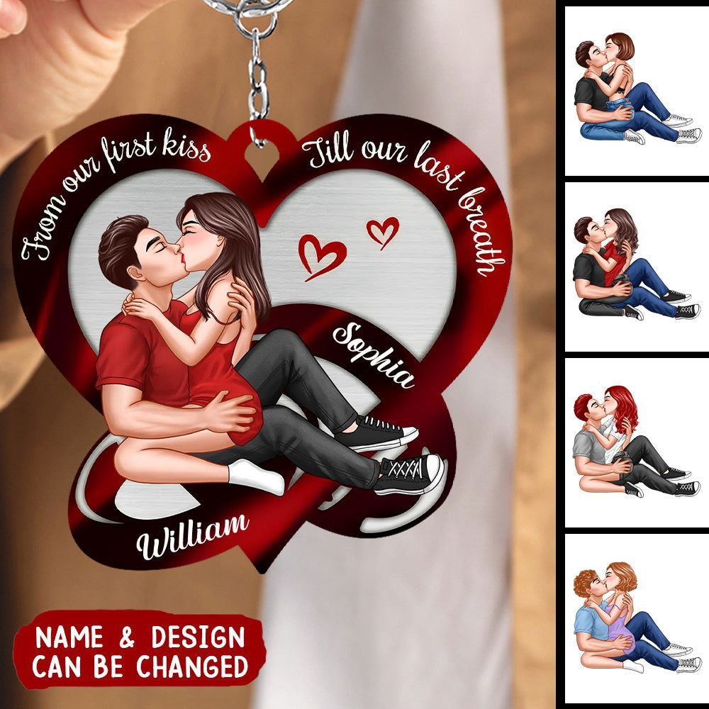 Couple Kissing Red Heart Rings Personalized Acrylic Keychain