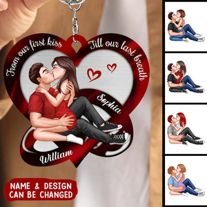 Couple Kissing Red Heart Rings Personalized Acrylic Keychain